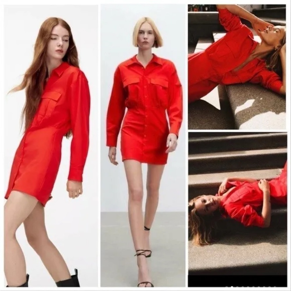 ZARA Poplin Shirt Dress Blouson Long Sleeve Mini Red Size XS NWT